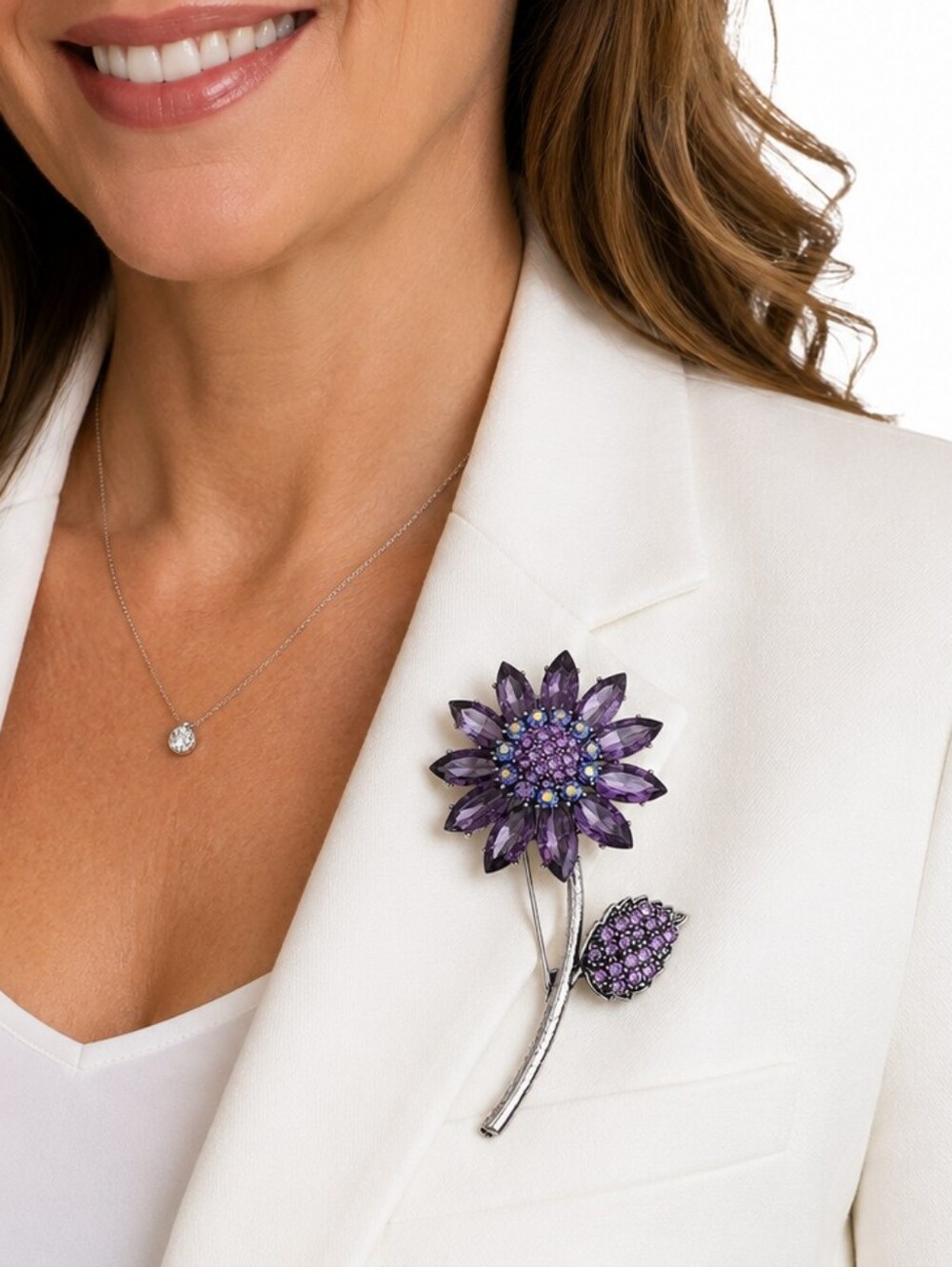 💎 Purple Crystal Flower Brooch Rhinestone Floral Silver Tone Statement Pin NWOT